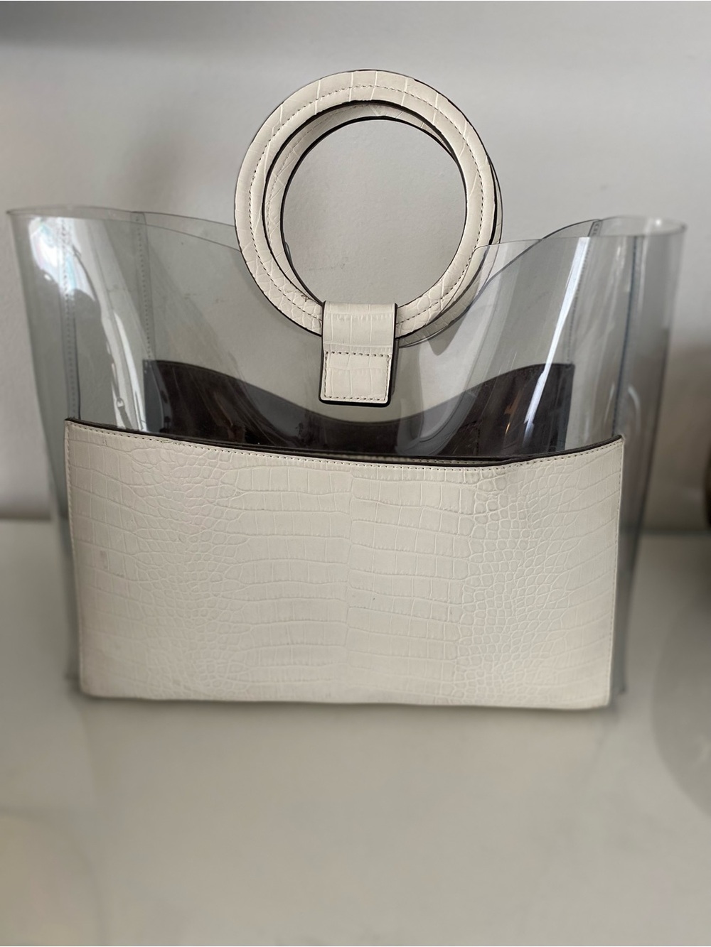 Clear Tote with Ivory Croc-Embossed Accent